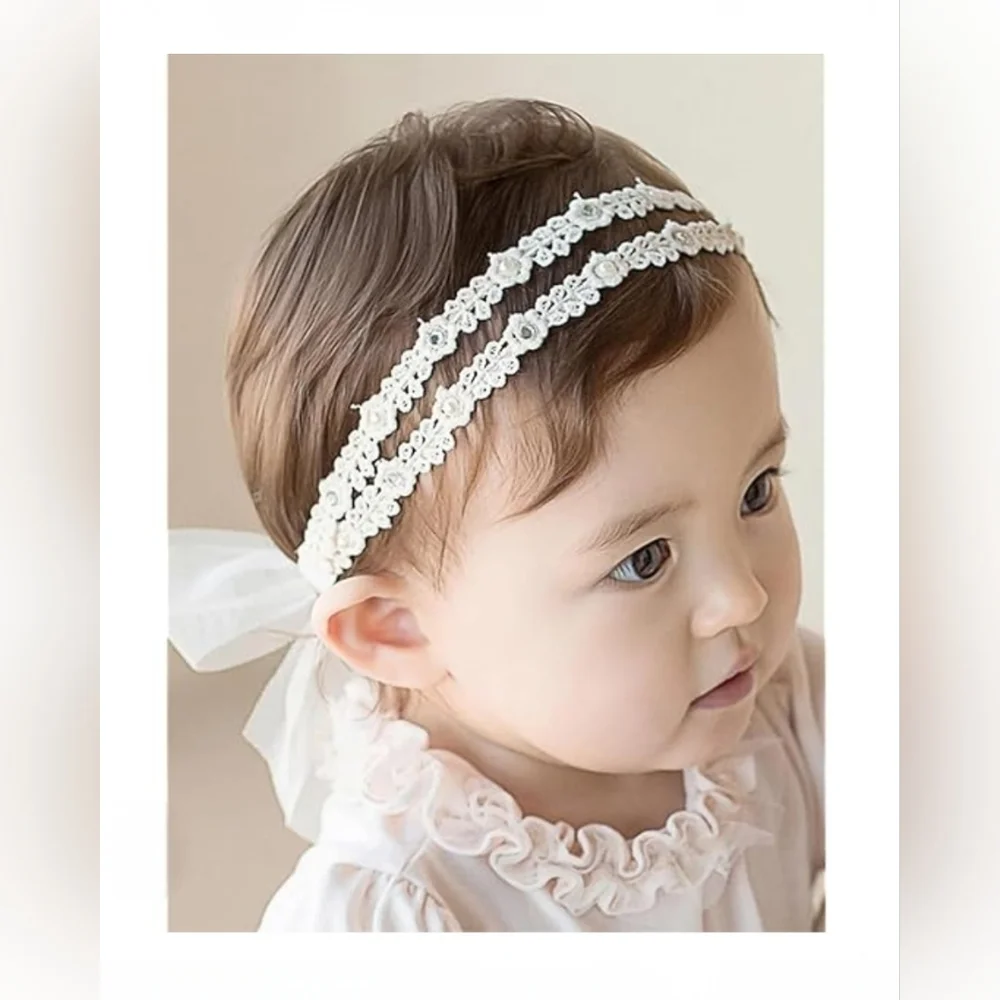 Vintage Lace Baby Headband Pearl & Crystal Embellished Double Strand Hairband